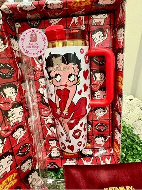 Customized Stanley Red and White Betty Boop Travel Mug with Red Handle